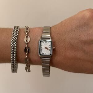Y2K Silver Rectangle Quartz Watch with Roman Dial Unisex 8.5" New